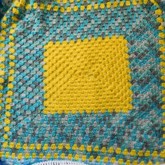 Handmade Crochet Afghan Knit Throw Lap Blanket 50 x 52 "  Blue Yellow Turquoise - Picture 4 of 6